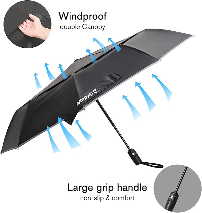 G4Free 42 Inch Eco Windproof Folding Umbrella for Rain & Sun 9 Ribs Wind Resistant Strong Fiberglass Double Canopy with Reflective Strip for Women Men Auto Open Close For Car & Backpack