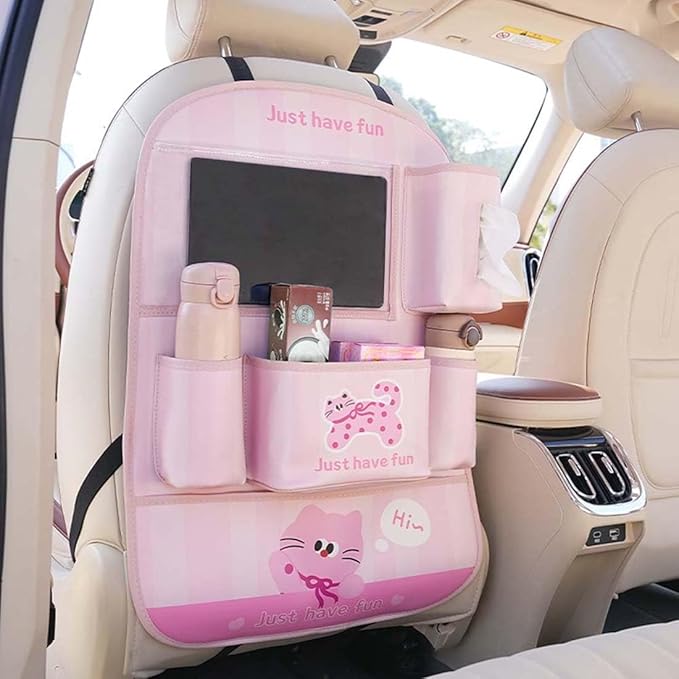 YUNZLAN Leather Backseat Car Organizer, Kick Mats Back Seat Protector with Touch Screen Tablet Holder Back Seat Organizer for Kids with 4 Storage Pockets Travel Accessories (PinkPinkCat)