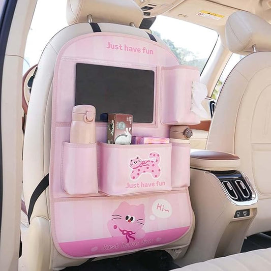 YUNZLAN Leather Backseat Car Organizer, Kick Mats Back Seat Protector with Touch Screen Tablet Holder Back Seat Organizer for Kids with 4 Storage Pockets Travel Accessories (PinkPinkCat)