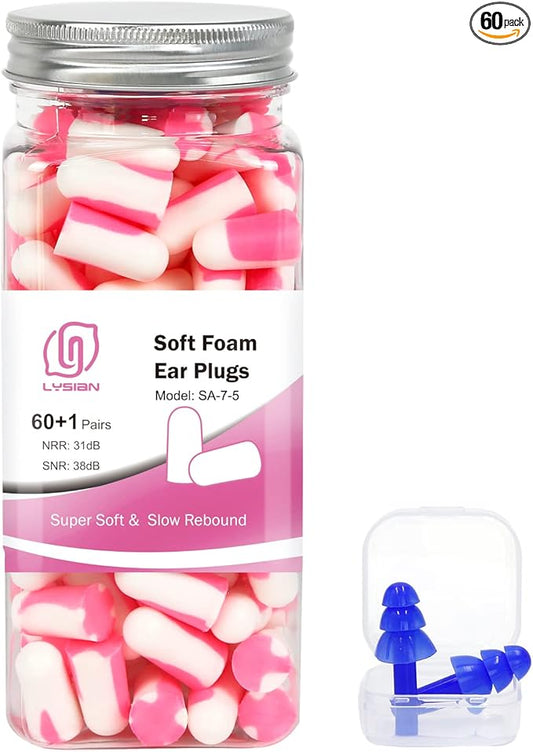 LYSIAN Ultra Soft Foam Sleep Earplugs, 38dB SNR Noise Reduction Ear Plugs for Sleeping, Mowing, Shooting-60 Pairs,Double Color Pink/White