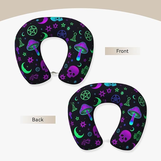 Funny Neck Pillow Support for Car Flight Rest Witch Frogs Goth Moon Skull Mushroom, Memory Foam U Shaped Decor Head Cushion for Home Outdoors Travel