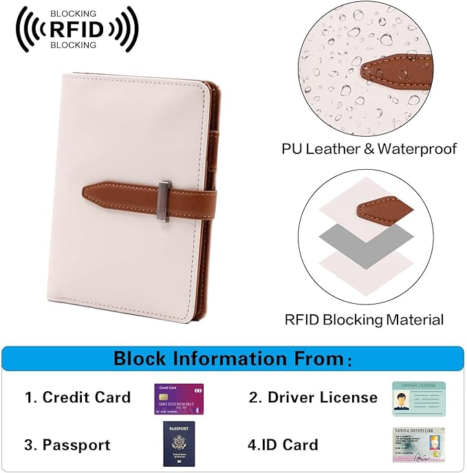 Deziliao Passport Holder for Men and Women, Cute Passport Wallets, Mulit-Purpose RFID Blocking Passport Holder Wallet, Travel Wallet Passport Cover Case（Cream White）