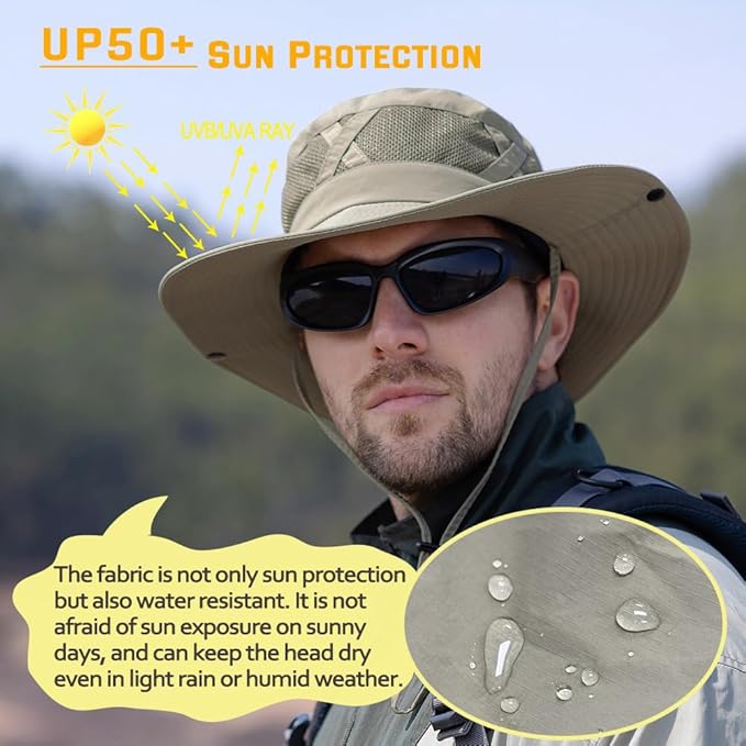 Fishing Hat UPF50+ Wide Brim Sun Hat for Men Women, Water Resistant Summer Sun Protection Safari Hat Hiking Bucket Hat