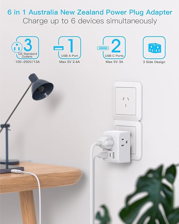 Australia New Zealand Power Plug Adapter, US to Australia Travel Adapter with 3 American Outlets 3 USB Ports (2 USB C), Type I Plug Adapter Travel Essentials for USA to Australia, Argentina, China