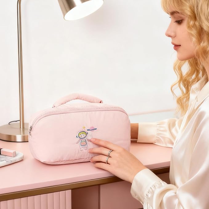 Cute Makeup Bag for Women - Travel Cosmetic Pouch with Large Capacity, Water-Resistant Nylon Make Up Organizer Pink