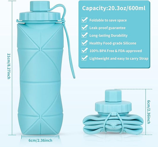 Silicone Collapsible Water Bottles,Lightweight Reusable Leakproof For Traveling Camping Hiking Cycling Sports Outdoor,Foldable Portable Travel Water Bottle 600ML Blue 1Pack.