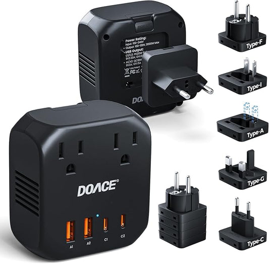 DOACE 2000W Voltage Converter US to Europe - 220V to 110V Converter for European Travel, Power Converter Adapter Combo with 2 PD/2 QC/EU/UK/AU/IT Travel Plugs for Hair Dryer Laptop, Camera, Cell Phone