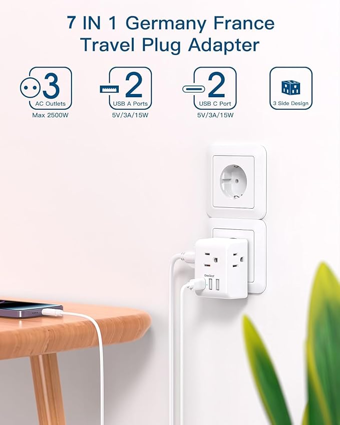 2 Pack Germany France Travel Plug Adapter with 3 Outlets 4 USB Charging Ports(2 USB C), Type E/F International Power Adapter, Travel Essentials US to Europe France Germany South Korea Netherlands