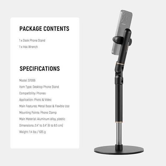 NEEWER Basics Cell Phone Stand for Desk, Adjustable Phone Holder Clamp with Weighted Metal Base, Office Table Phone Mount Compatible with iPhone 16 15 Pro Max Plus Samsung for Video Recording, ST006