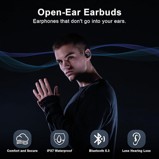 TTQ Open Ear Headphones, Open Ear Earbuds, IPX7 Waterproof, Bluetooth 5.3 True Wireless Sports Over Ear Earbuds with Earhooks, Built-in Mic, Crystal-Clear Calls for Running Workout Cycling Driving