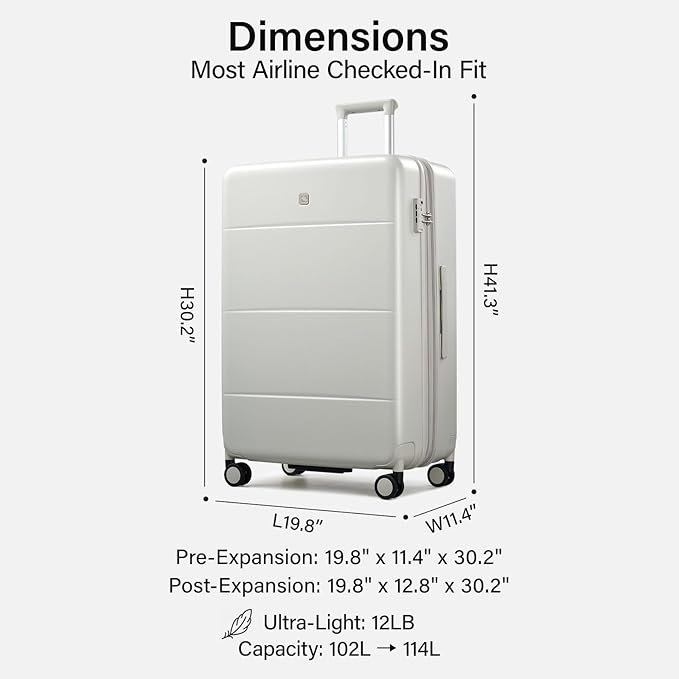 Hanke Expandable 28 Inch Luggage with Spinner Wheels, Hardside Large Suitcase, All-PC Hard Shell Checked Luggage, TSA Lock, Durable Checked-Large (Smoke White, 114L)