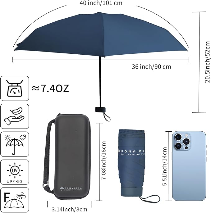 Compact Mini Windproof Travel Umbrella-UPF 50+ Sun & Rain Protection, Small Folding Design Fits in Pocket or Purse, Lightweight Portable with Case for Women, Men & Kids