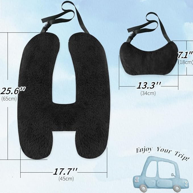 Soft Plush Car Pillow Travel Pillow for Kids with Neck Support Headrest, H-Shape Car Pillows for Kids Sleeping on Long Road Trips, Adults Child Car Seat Pillow, Body Support Travel Accessories, Black