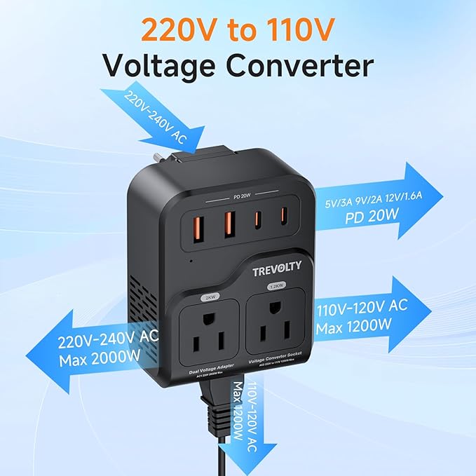 2000W Voltage Converter US to Europe, 220V to 110V Converter for Hair Dryer, 7-in-1 European Travel Plug Adapter with 3AC/2USB-A/2USB-C (PD20W), Travel Essentials with US/JP/FR/DE/UK/AU/EU