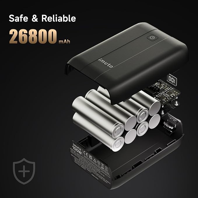 imuto 100W Power Bank, 26800mAh High Capacity 4-Output Laptop Portable Charger, Fast Charging USB C PD3.0 External Battery Pack for MacBookPro, Dell, XPS, Steam Deck, iPad Pro, Tablet, iPhone 15 14