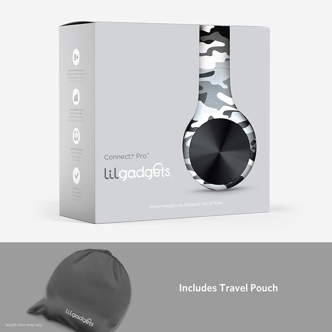 LilGadgets Connect+ Pro Wired Kids Headphones for School with Microphone, Volume Limiting Over-Ear Headset with Cord, SharePort Technology & SoftTouch Padding, Snow Camo
