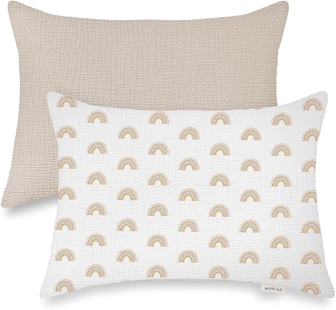 Toddler Pillowcases for 14"x20" Pillow 2 Pack, Muslin Small Toddler Baby Kids Travel Pillow Covers for Boys Girls with Envelope Closure (Beige & Rainbow, 14 x 20 Inch)