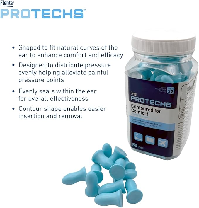 Flents Protechs Contoured for Comfort Foam Ear Plugs, Soft & Comfortable Hearing Protection for Work, Construction, Heavy Machinery, Studying, Travel & Sleep, NRR 32, Easy to Use, Blue, 50 Pairs