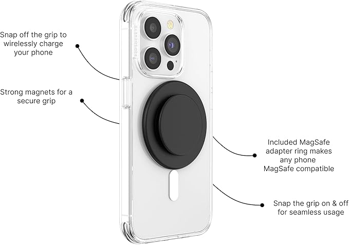 PopSockets Phone Grip for MagSafe with Kickstand, Magnetic Stand, Swappable Top, Secure Hold for iPhone MagSafe Cases, Phone & Tablet Grip - Black