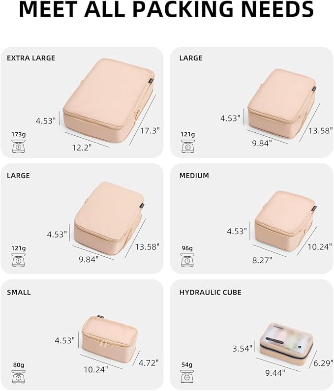 6 Set Compression Packing Cubes for Travel, Large Medium Small Luggage Organizers, Storage Bags for Clothes (6 Pack, Mist Khaki)