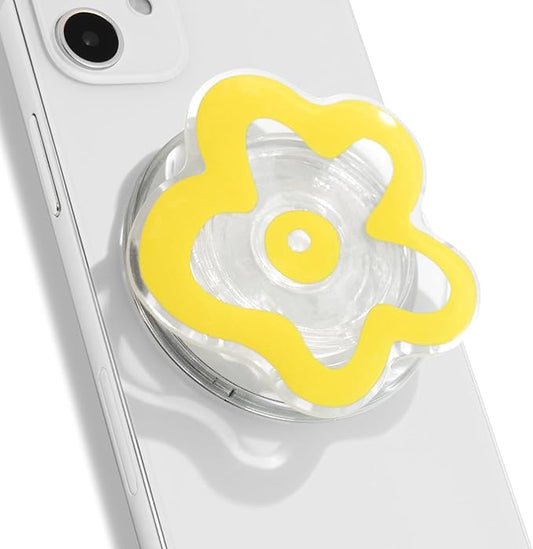 OnTheGrip Cute Transparent Daisy Flower Shape Design Mobile Phone Grip Compatible with Magsafe Multi Functional Collapsible Stand Holder for Smartphone Tablet Cell Phone Accessory (Yellow)
