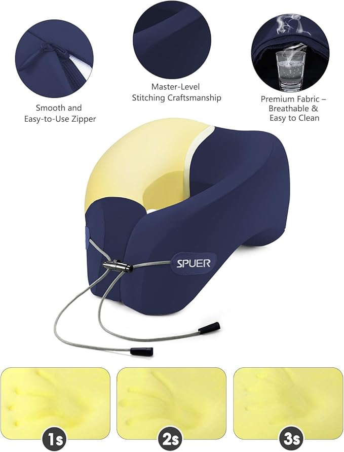 Travel Pillows for Airplanes, Neck Pillow Airplane, Airplane Travel Accessories with Eye Mask, Earplugs & Storage Bag, Ergonomic Memory Foam Neck Pillow for Sleeping, Flights, Cars, Office (Navy Blue)