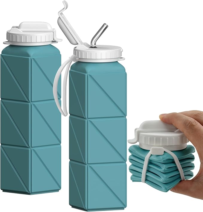 Collapsible Water Bottles with Straw 20.6oz, Silicone Foldable Portable Water Bottle, BPA-Free, Leakproof Reusable for Travel Camping Hiking Cycling Yoga Sports, 1 Pack (Blue)