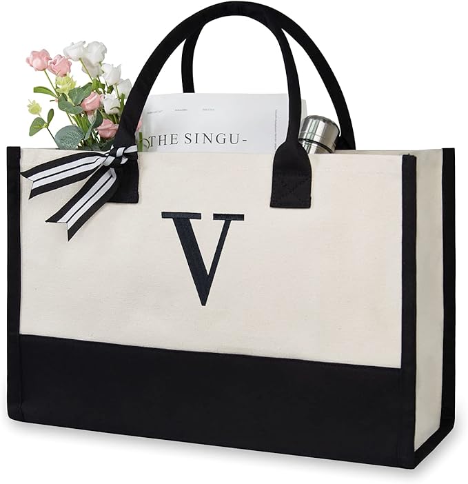 TOPDesign Personalized Initial Canvas Beach Bag, Monogrammed Gift Tote Bag for Women