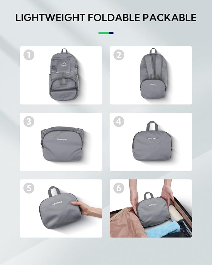 WATERFLY Hiking Packable Daypack Backpack: 25L Ultra Lightweight Day Pack for Woman Man - Small Compact Folding Back Pack for Outdoor Sport Cycling Camping Travel Trip - Gray