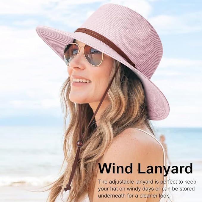 DRESHOW Women Straw Panama Hat Travel Fedora Beach Sun Hat Summer Wide Brim Straw Roll up Hat UPF 50+