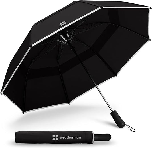 Weatherman Premium Collapsible Travel Umbrella - Windproof, Compact, Easy Auto Open - Resists Up to 55 MPH Winds - Perfect for Rain, Wind, Backpack, Car - Folding Umbrella (Black)