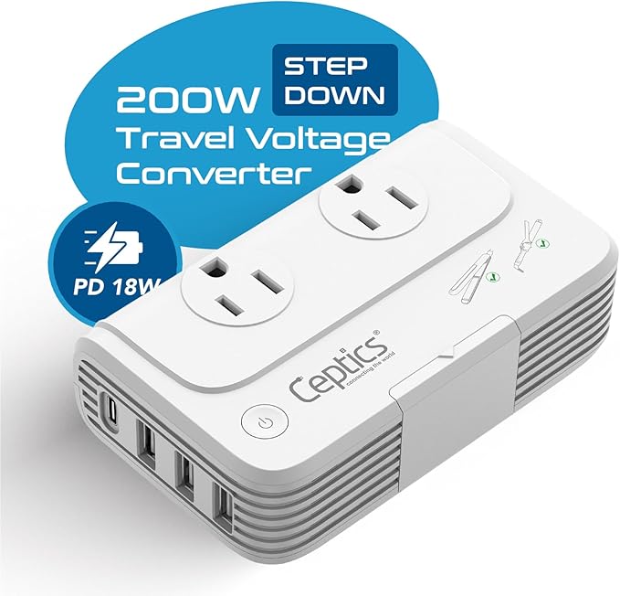 Ceptics 200W 220v to 110v converter, Step Down Voltage Converter for Curling Iron, Straightener, Charger, Travel Adapter and Voltage Converter, 3 USB-A, USB-C PD 18W, Type C, E/F, G, I, Plugs included