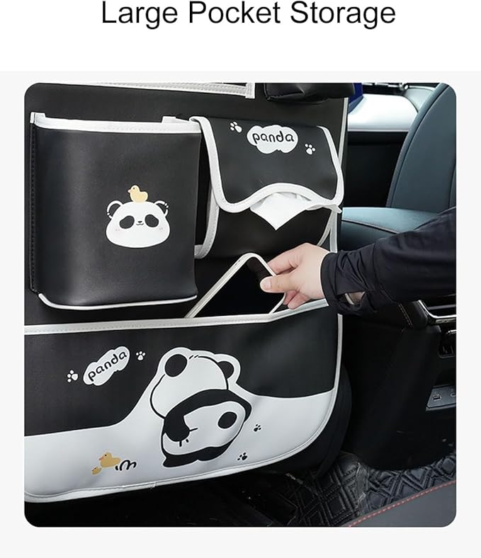 YUNZLAN Cute Panda Leather Car Backseat Organizer 1 Pack Car Seat Back Protectors with Clear 10" Tablet Holder + 4 Storage Pockets