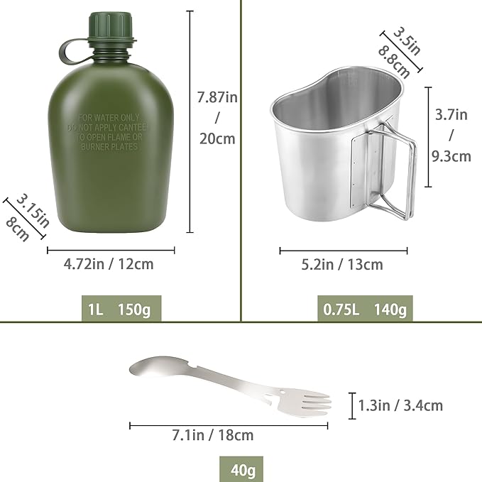 ShenDu Military Canteen, WWII US GI Style 1 Quart Water Canteen Kit with Aluminum Canteen Cup, Stainless Steel Spork & Cover for Camping, Hiking, Backpacking