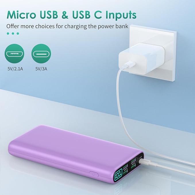 Portable Charger 38800mAh,LCD Display Power Bank,5 USB Outputs Battery Pack Backup, USB-C 3A in&out Travel Essential Portable Phone Charger For iPhone 17/16/15/14/13 Pro,Android Samsung Galaxy-Purple