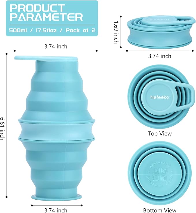 Nefeeko Collapsible Water Bottle,17oz(500ml) Reuseable BPA Free Silicone Foldable Water Bottles for Travel Gym Camping Hiking, Portable Leak Proof Sports Water Bottle with Carabiner