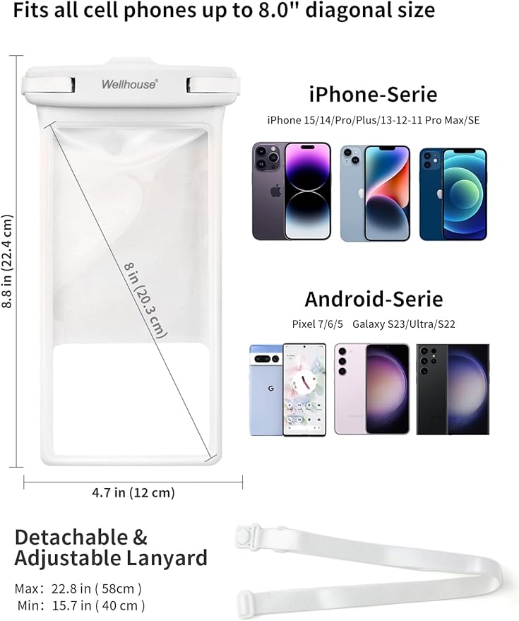 wellhouse Waterproof Phone Pouch, Waterproof Phone Case for iPhone 16 15 14 13 12 Pro Max XS Samsung, IPX8 3D Cellphone Dry Bag Beach Essentials (1 Pack - White8.0, 8 inch)