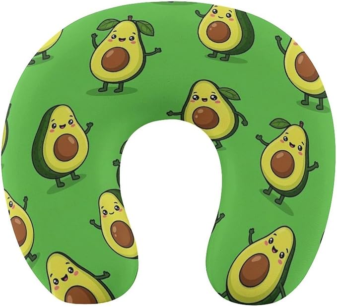 Travel Neck Pillow Memory Foam U Shaped Cushion Cute Cartoon Avocado, Washable Cover for Airplane Car Office Home Sleeping Pain Relief