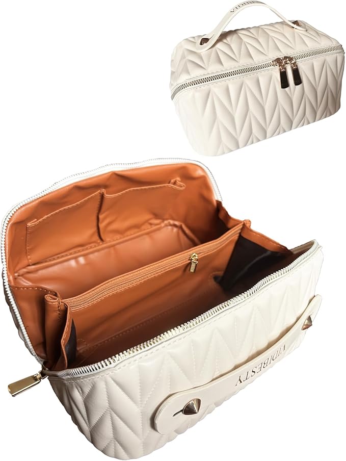 Travel Makeup Bag for Women, Large Capacity Cosmetic Bags for Girls, Compact Pouch Make up Organizer, Waterproof Toiletry Bag with Divider and Handle (White)