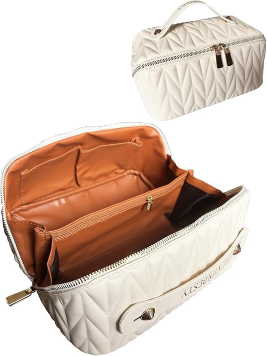 Travel Makeup Bag for Women, Large Capacity Cosmetic Bags for Girls, Compact Pouch Make up Organizer, Waterproof Toiletry Bag with Divider and Handle (White)