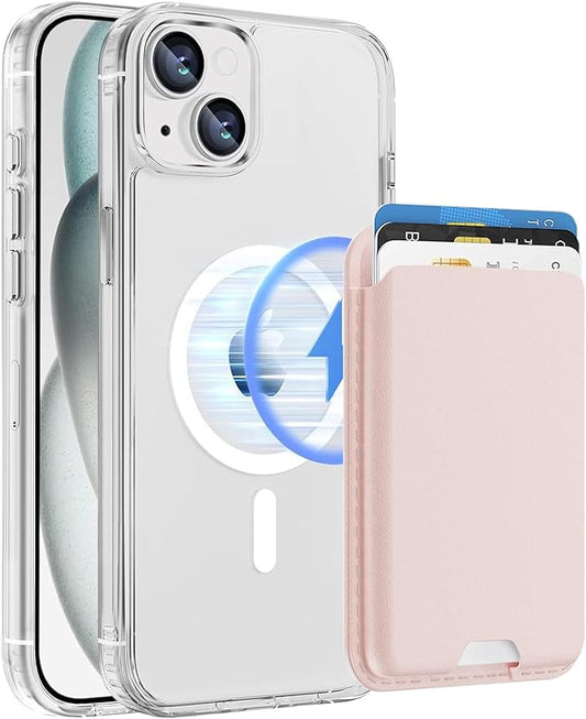 Ntwinro Magnetic for iPhone 15 Clear Case (Compatible with MagSafe) with Pink Detachable Wallet & Card Holder for 3 Cards [RFID Blocking] Military Grade Protective Slim Phone Cover