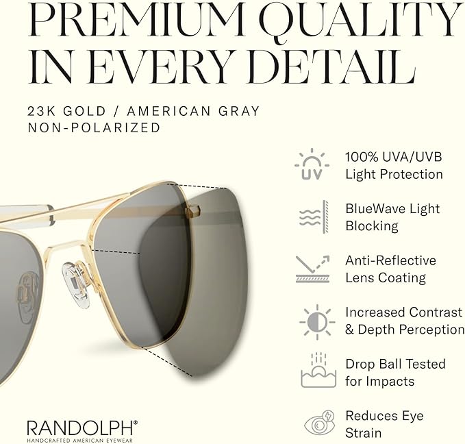 Randolph Eyewear Aviator Sunglasses for Men & Women – Non-Polarized & Polarized Lenses, 23k Gold UV Protection Sunglasses