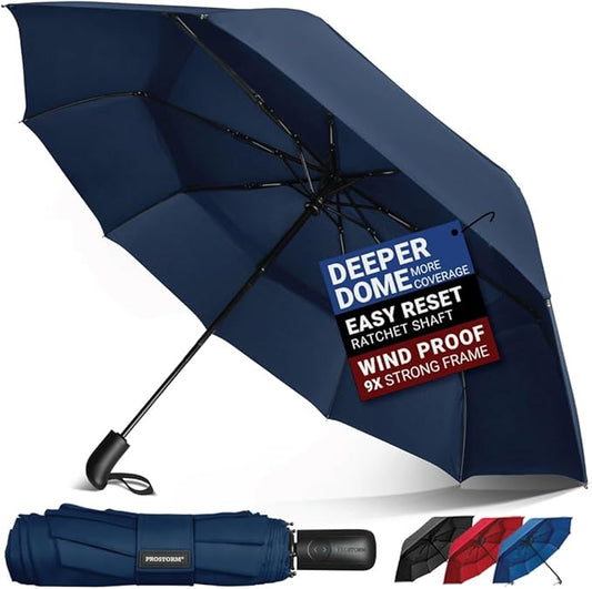 Vented Travel Umbrella | Strong Compact Windproof Umbrella | Top Pick by Wirecutter 2025 | Deep Dome Coverage | Auto Open/Close | Portable Pop Up with Large Coverage | Fits Car & Backpack