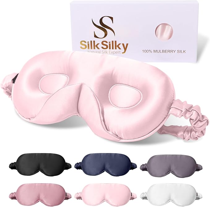 SilkSilky 100% 22 Momme Mulberry Silk Sleep Mask – Upgraded 3D Contoured Eye Mask with Nose Wing Pads & Adjustable Strap, Luxury Blackout Eye Cover for Women & Men (Pink)