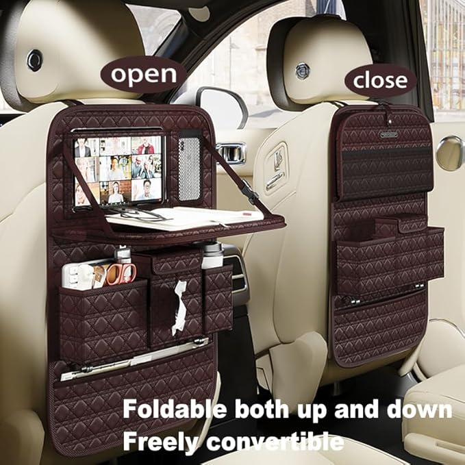 GMQ Backseat Car Organizer 1 Pack, Car Back Seat Organizers with Tray,Multifunctional Car Seat Back Organizer with Foldable Tablet Holder (Coffee Brown, 1 PC)