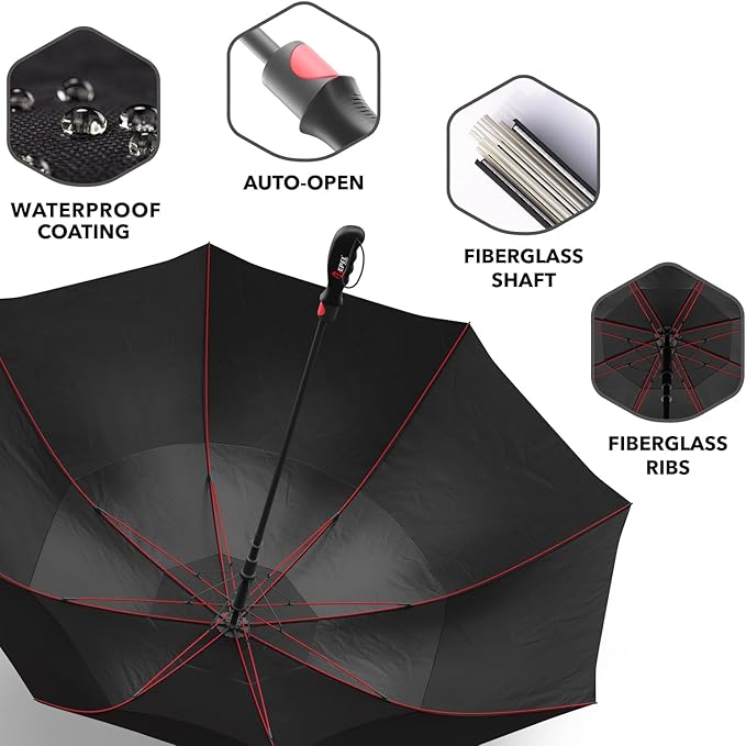Repel Umbrella Extra Large Windproof Golf Umbrella - Covers 2 People - 60" Wide Vented Double Canopy with Reinforced Fiberglass Ribs, Waterproof Coated Canopy
