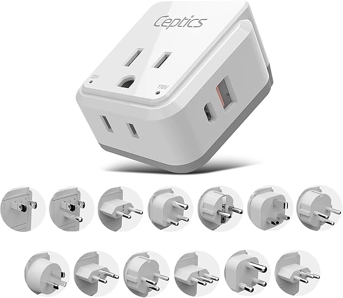 Ceptics International Power Plug Adapter Travel Set, 20W PD & QC, Safe Dual USB & USB-C 3.1A - 2 USA Outlet - Compact - Use Europe, Asia, Africa In Worldwide - Includes 13 Type SWadAPt Attachments
