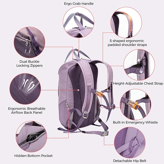 INUK Laptop Backpack for College Students & Work, 25L Lightweight Waterproof Backpack for Business Travel, Hiking Daypack with Padded Sleeve and Safety Whistle, Made from Recycled Materials，Purple