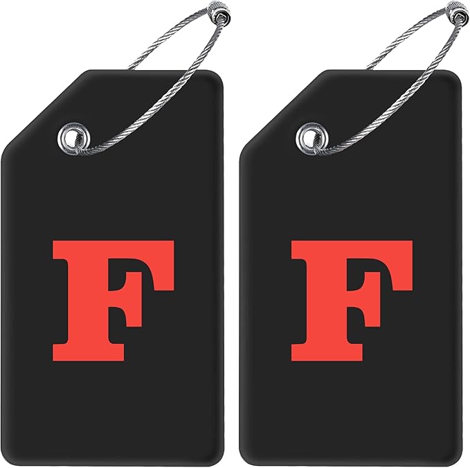 Gostwo 2 Pack Silicone Luggage Tags for Suitcases, 26 Initial Letter Baggage Labels Handbag School Bag Suitcase Instrument Tag with Stainless Steel Loop(Black)(Letter F)