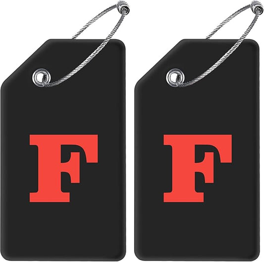 Gostwo 2 Pack Silicone Luggage Tags for Suitcases, 26 Initial Letter Baggage Labels Handbag School Bag Suitcase Instrument Tag with Stainless Steel Loop(Black)(Letter F)